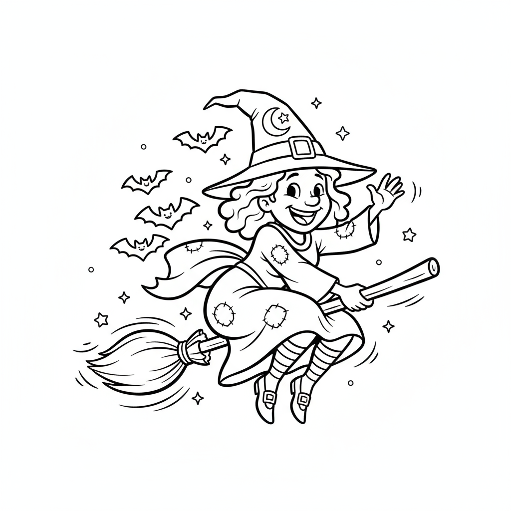 Urocza wiedźma lecąca na miotle, w spiczastym kapeluszu i z radosnym uśmiechem, kolorowanka dla dzieci, czarne kontury,...