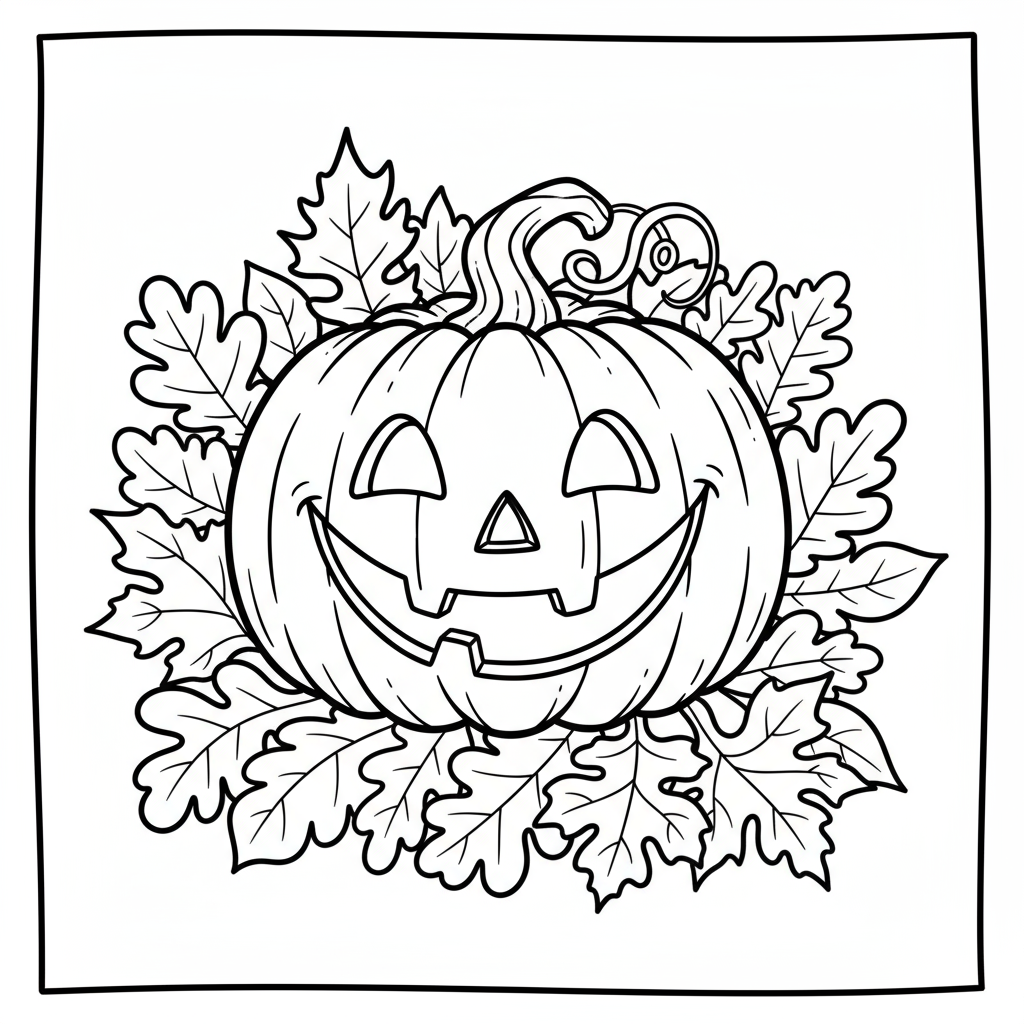 Szeroko uśmiechnięta dynia-latarnia z wyrzeźbioną twarzą, otoczona jesiennymi liśćmi, kolorowanka dla dzieci, czarn...