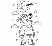 Wilkołak wyjący do księżyca, z futrzanymi detalami, kolorowanka dla dzieci, czarne kontury, białe tło.