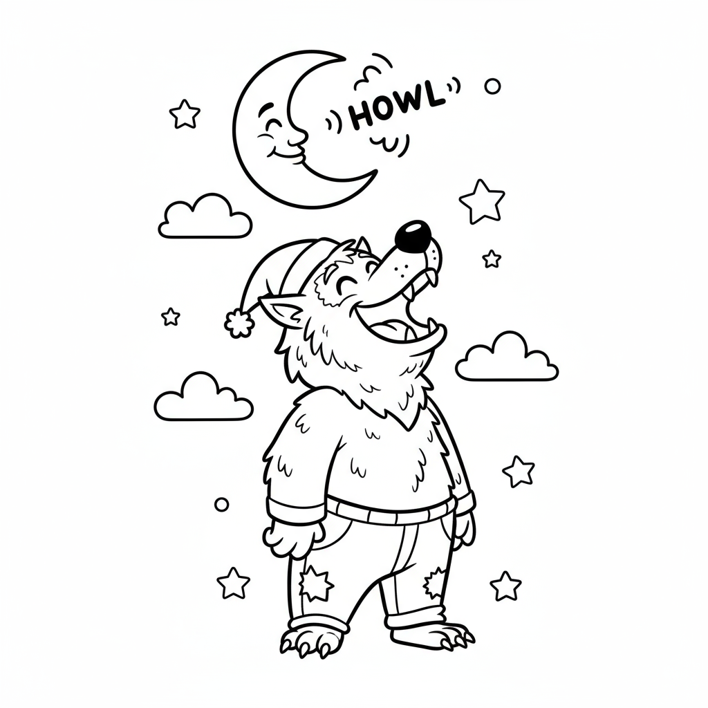 Wilkołak wyjący do księżyca, z futrzanymi detalami, kolorowanka dla dzieci, czarne kontury, białe tło.
