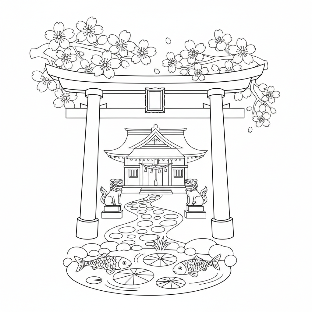 Japońska brama torii przy świątyni do kolorowania