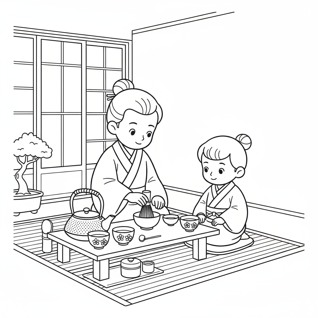 Tradycyjna japońska ceremonia parzenia herbaty do kolorowania