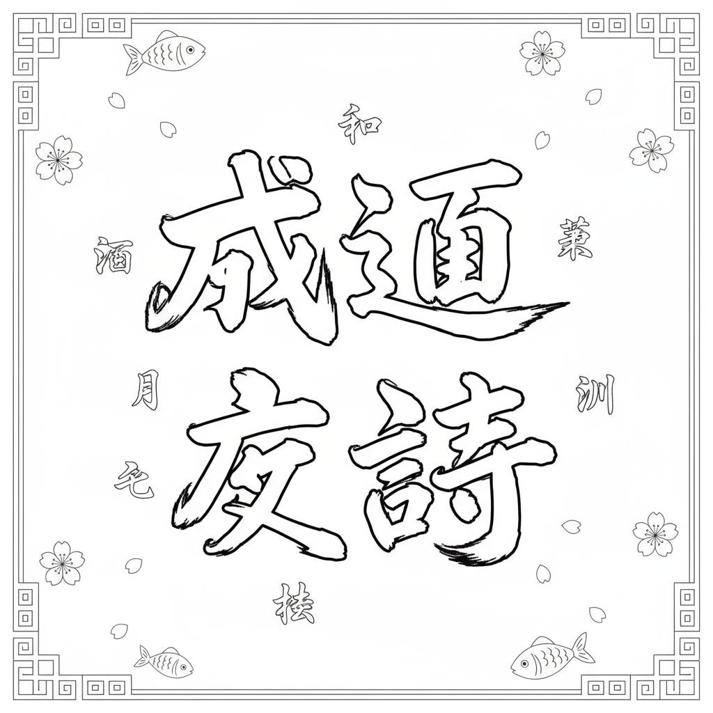 Japońska kaligrafia z znakami kanji do kolorowania