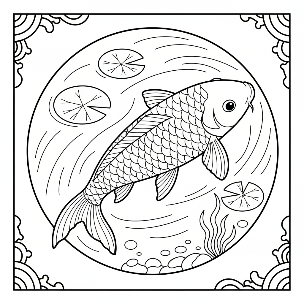 Japońska ryba koi pływająca w stawie do kolorowania