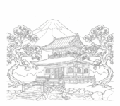 Japońska świątynia z kwitnącymi wiśniami do kolorowania