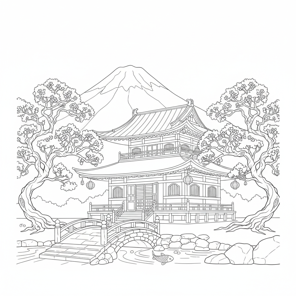 Japońska świątynia z kwitnącymi wiśniami do kolorowania