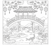 Japoński most nad spokojną rzeką do kolorowania