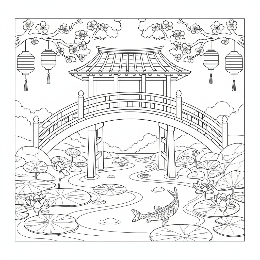 Japoński most nad spokojną rzeką do kolorowania
