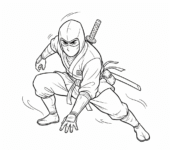 Japoński ninja w ukrytej pozie do kolorowania