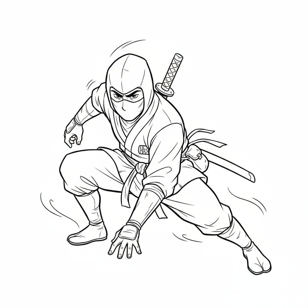 Japoński ninja w ukrytej pozie do kolorowania