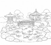 Japoński ogród z kamienną latarnią i stawem koi do kolorowania