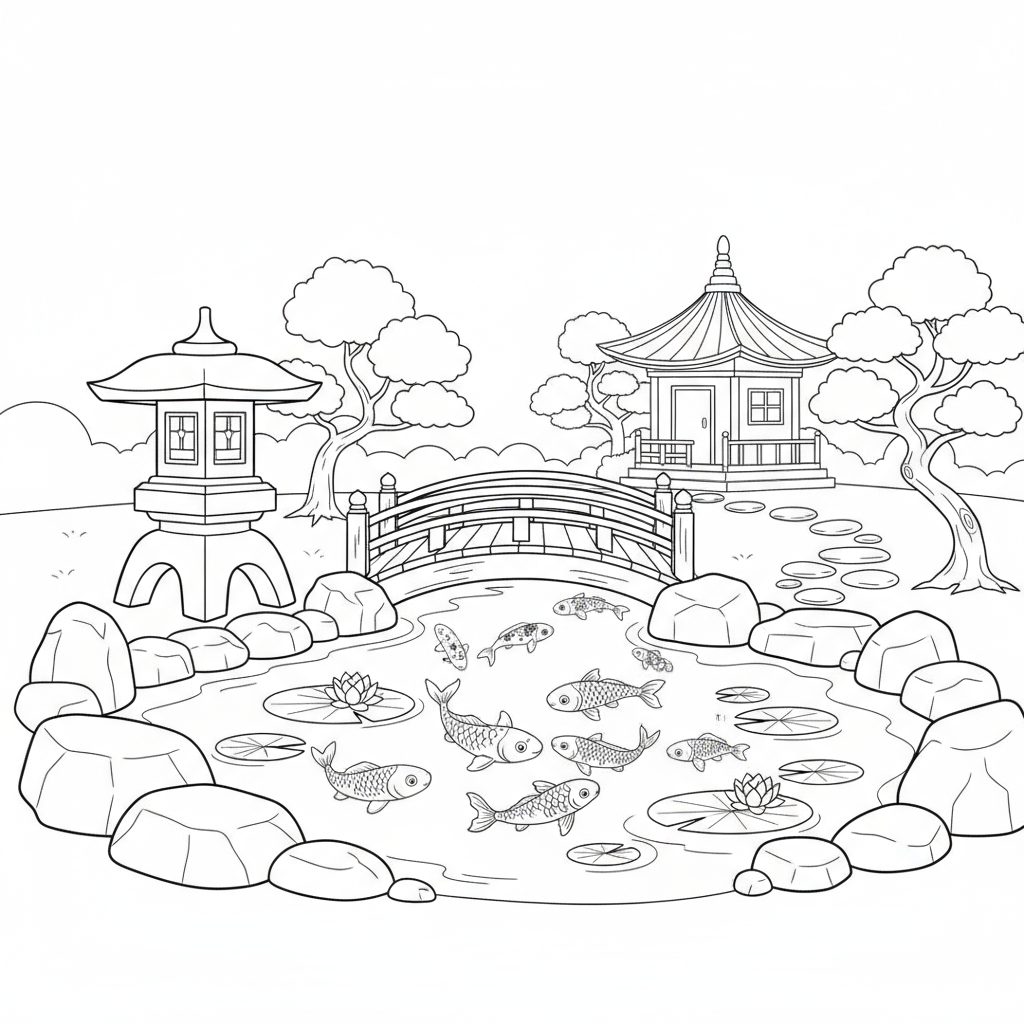 Japoński ogród z kamienną latarnią i stawem koi do kolorowania