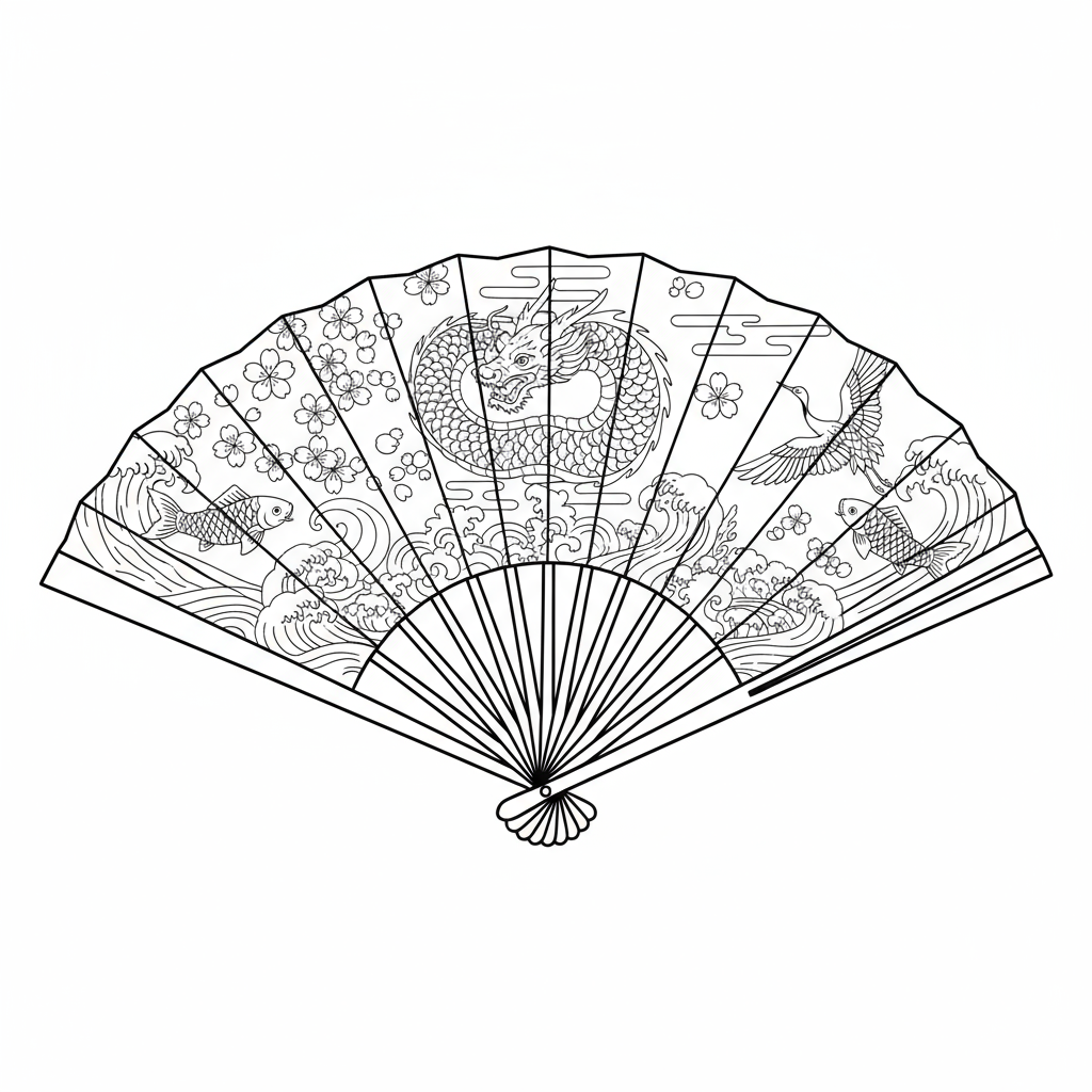 Japoński wachlarz z misternymi wzorami do kolorowania