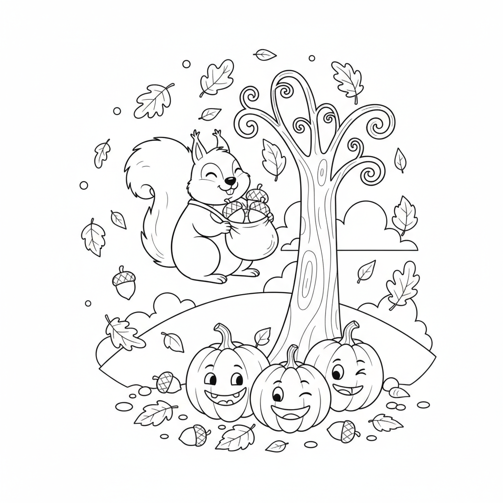 Przytulna jesienna scena z opadającymi liśćmi, przyjazną wiewiórką zbierającą żołędzie i dyniami, kolorowanka d...