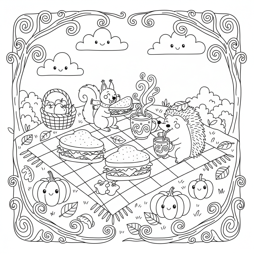 Przytulna jesienna scena piknikowa z kocykiem w kratkę, kanapkami i gorącymi napojami, kolorowanka dla dzieci, czarne ko...