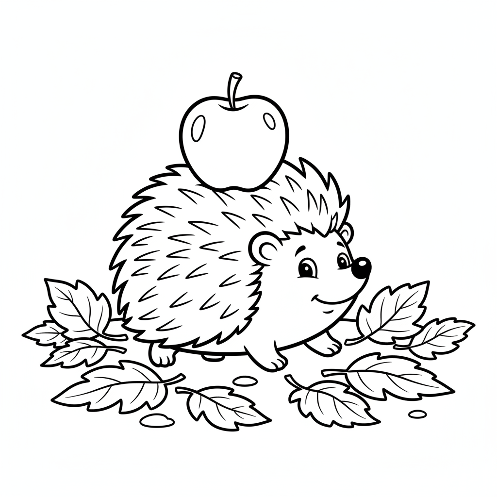 Uroczy jeż niosący jabłko na grzbiecie, spacerujący po opadłych liściach, kolorowanka dla dzieci, czarne kontury, bi...