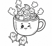 Przytulny kubek gorącego kakao z piankami i bitą śmietaną, kolorowanka dla dzieci, czarne kontury, białe tło.