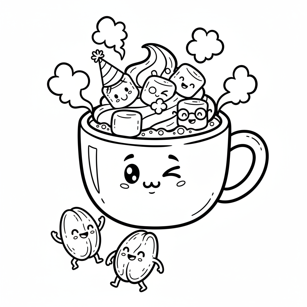 Przytulny kubek gorącego kakao z piankami i bitą śmietaną, kolorowanka dla dzieci, czarne kontury, białe tło.