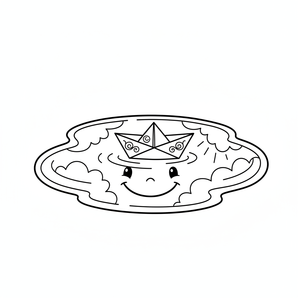 Uśmiechnięta kałuża odbijająca wiosenne chmury, z małą papierową łódką, kolorowanka dla dzieci, czarne kontury,...