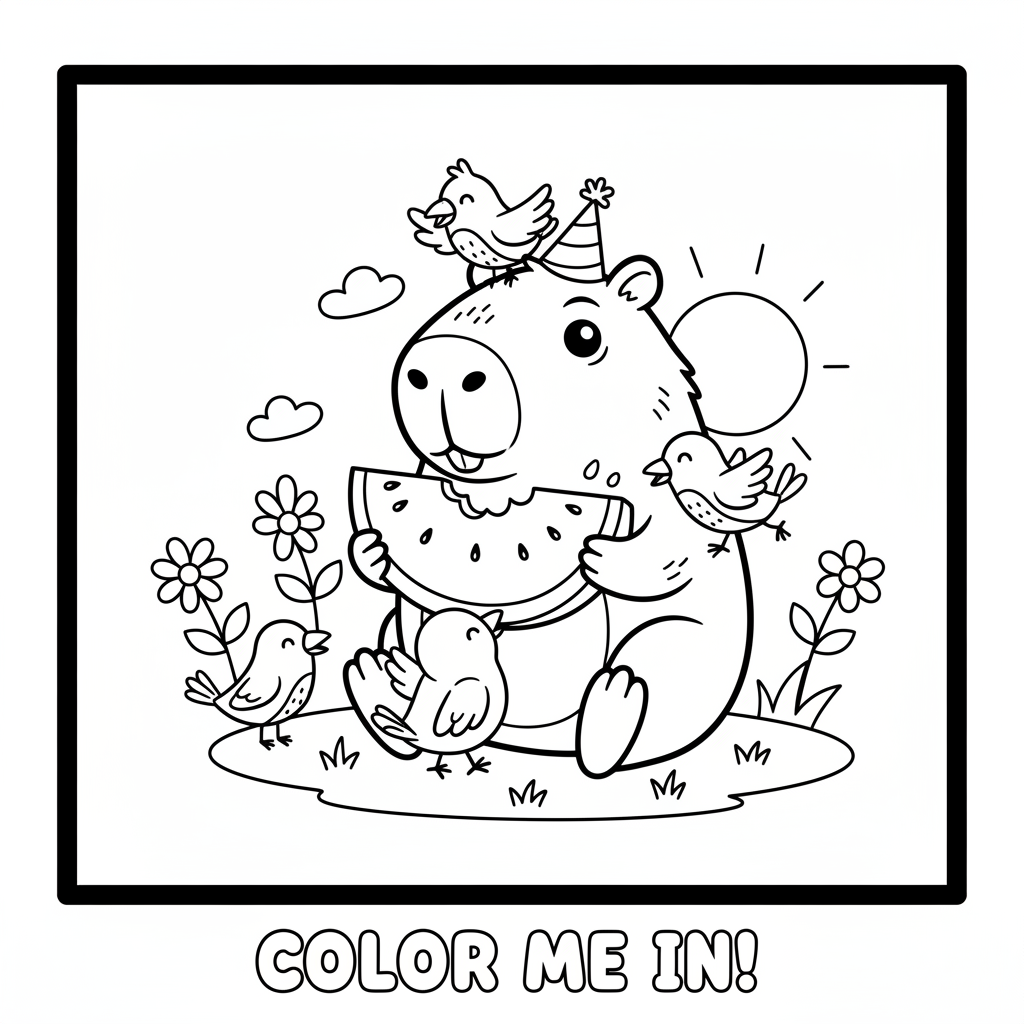 Kapibara dzieli się arbuzem z ptakami do kolorowania