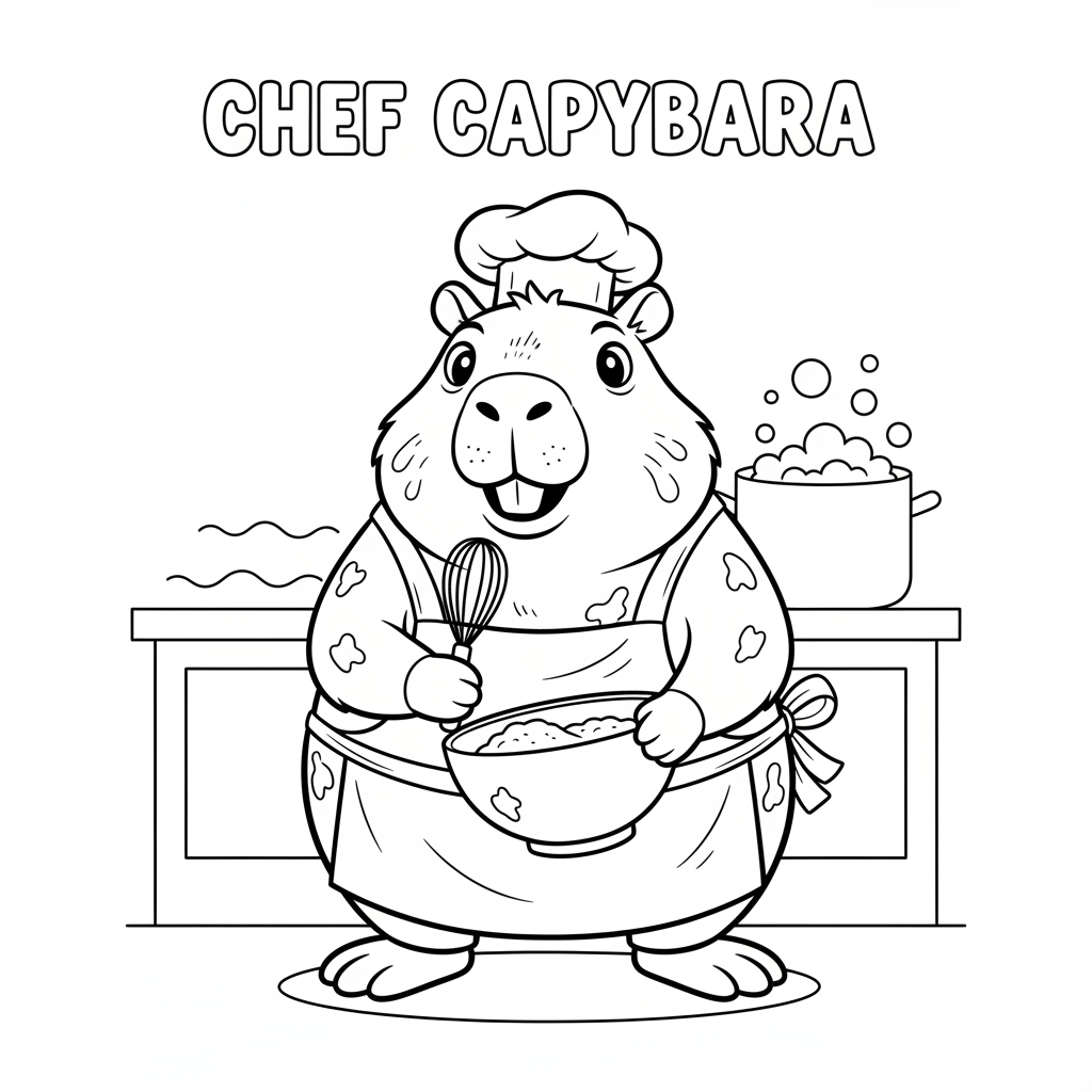 Kapibara w czapce kucharskiej i fartuchu do kolorowania