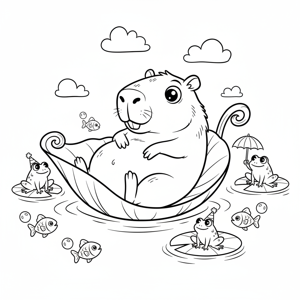 Kapibara pływająca na liściu do kolorowania
