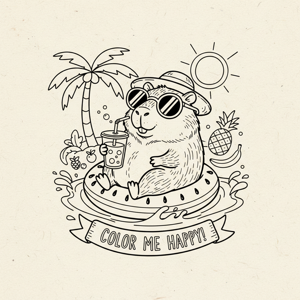 Kapibara w okularach pije sok do kolorowania