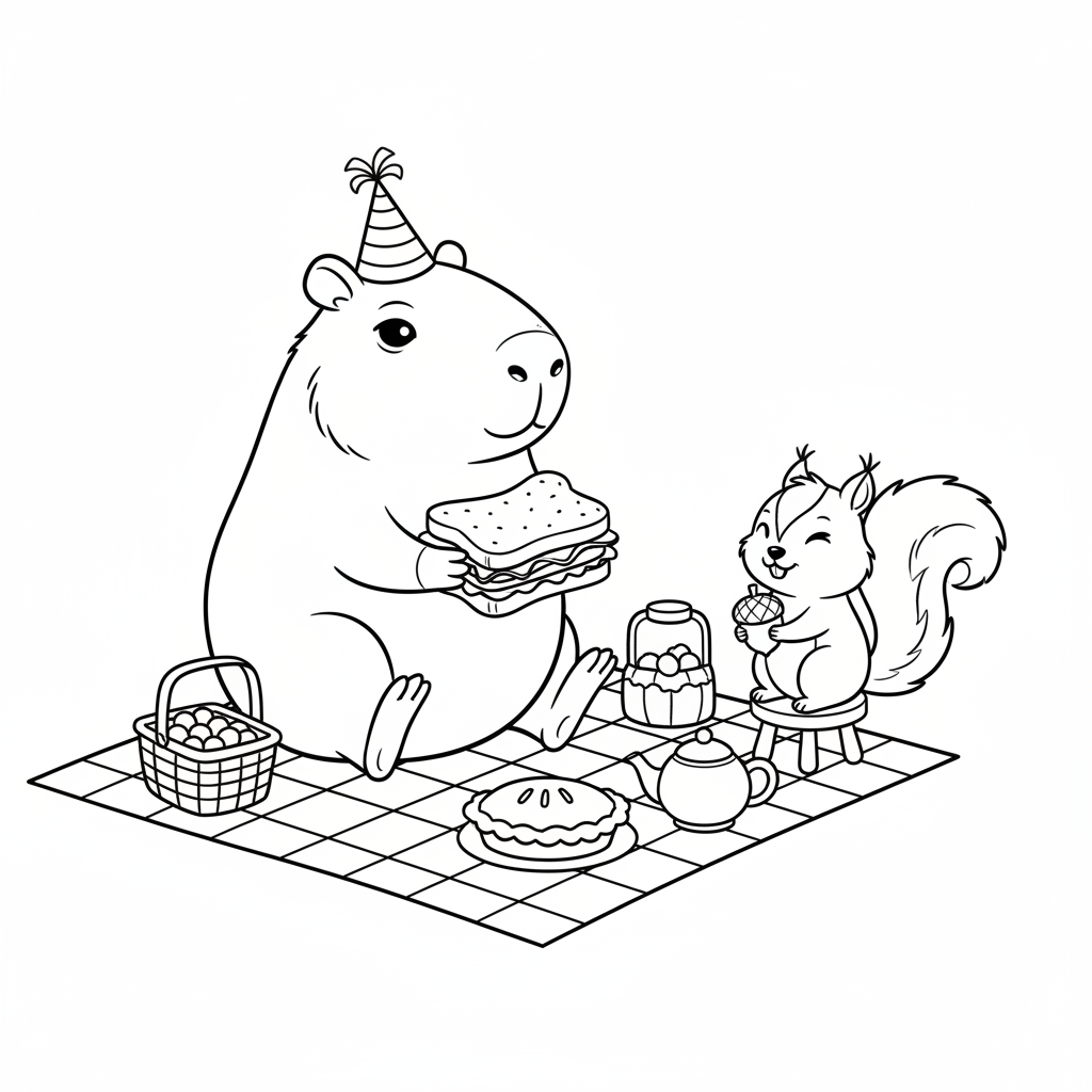 Kapibara na pikniku z wiewiórką do kolorowania
