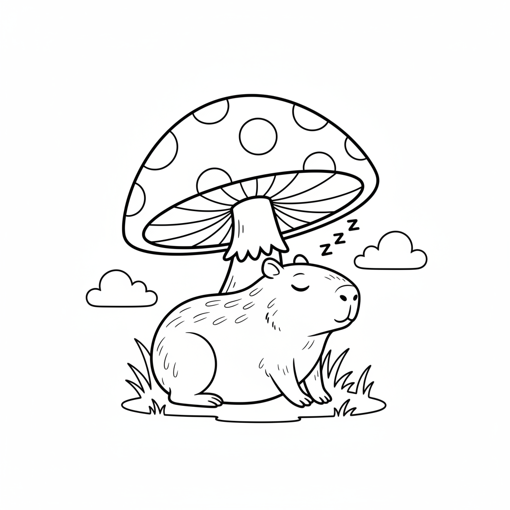 Kapibara śpiąca pod grzybem do kolorowania