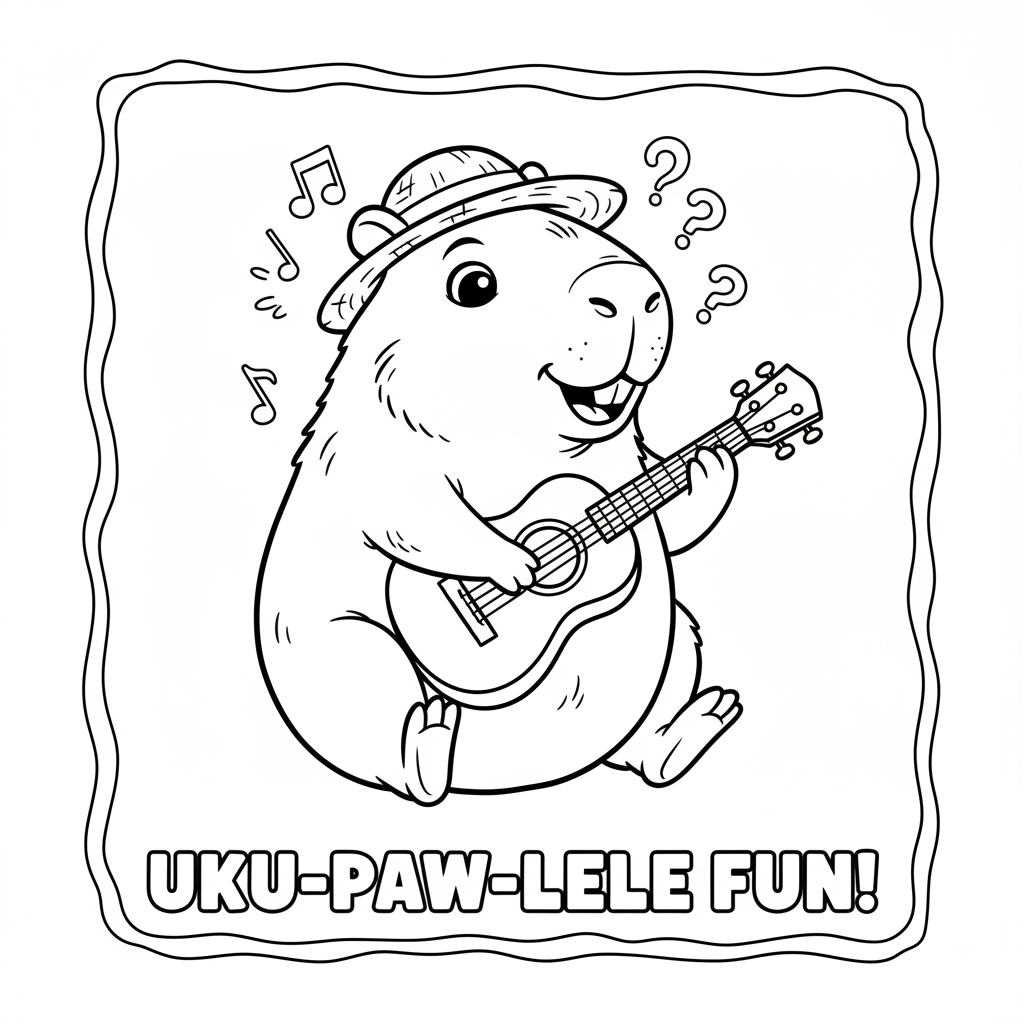 Kapibara próbująca grać na ukulele do kolorowania