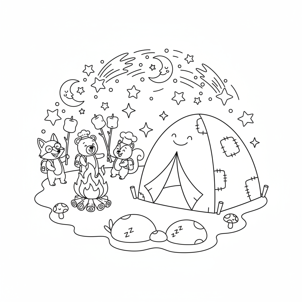 Kemping z namiotem, ogniskiem i piankami na patykach, pod gwieździstym niebem, kolorowanka dla dzieci, czarne kontury, bi...