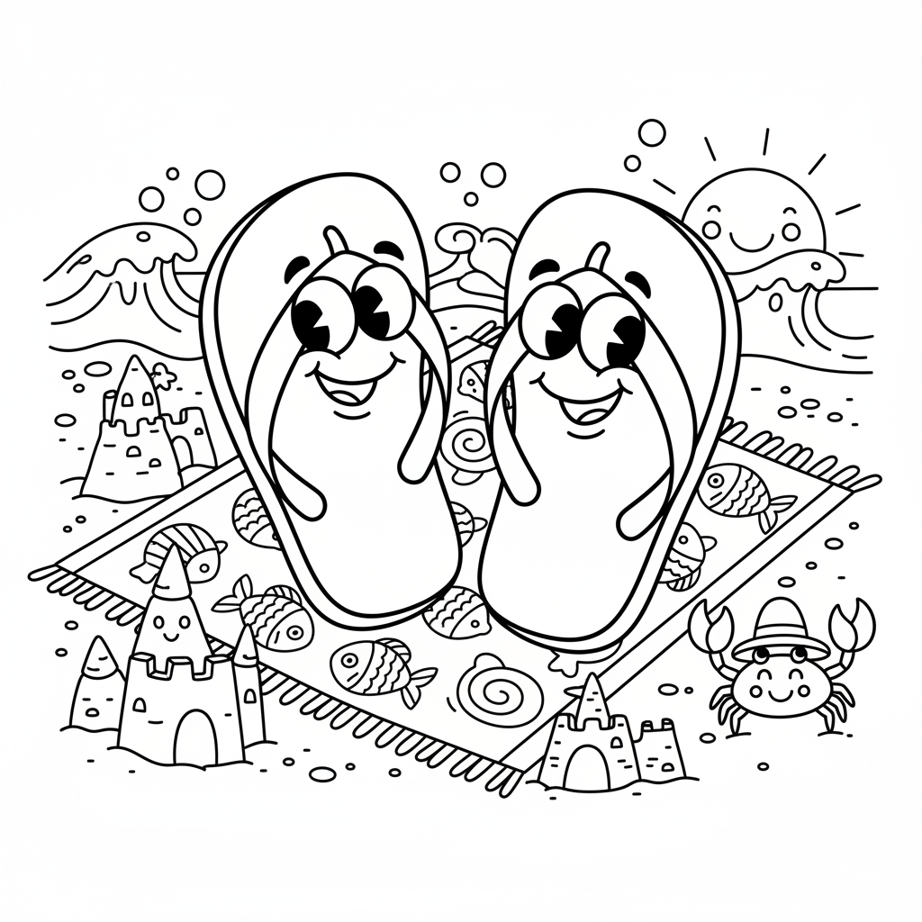 Para klapek i ręcznik plażowy na piasku, kolorowanka dla dzieci, czarne kontury, białe tło.