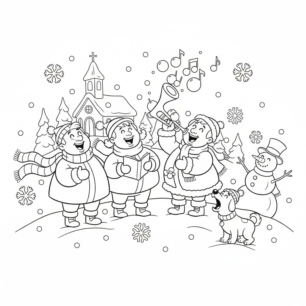 Grupa kolędników radośnie śpiewających w śniegu, kolorowanka dla dzieci, czarne kontury, białe tło.