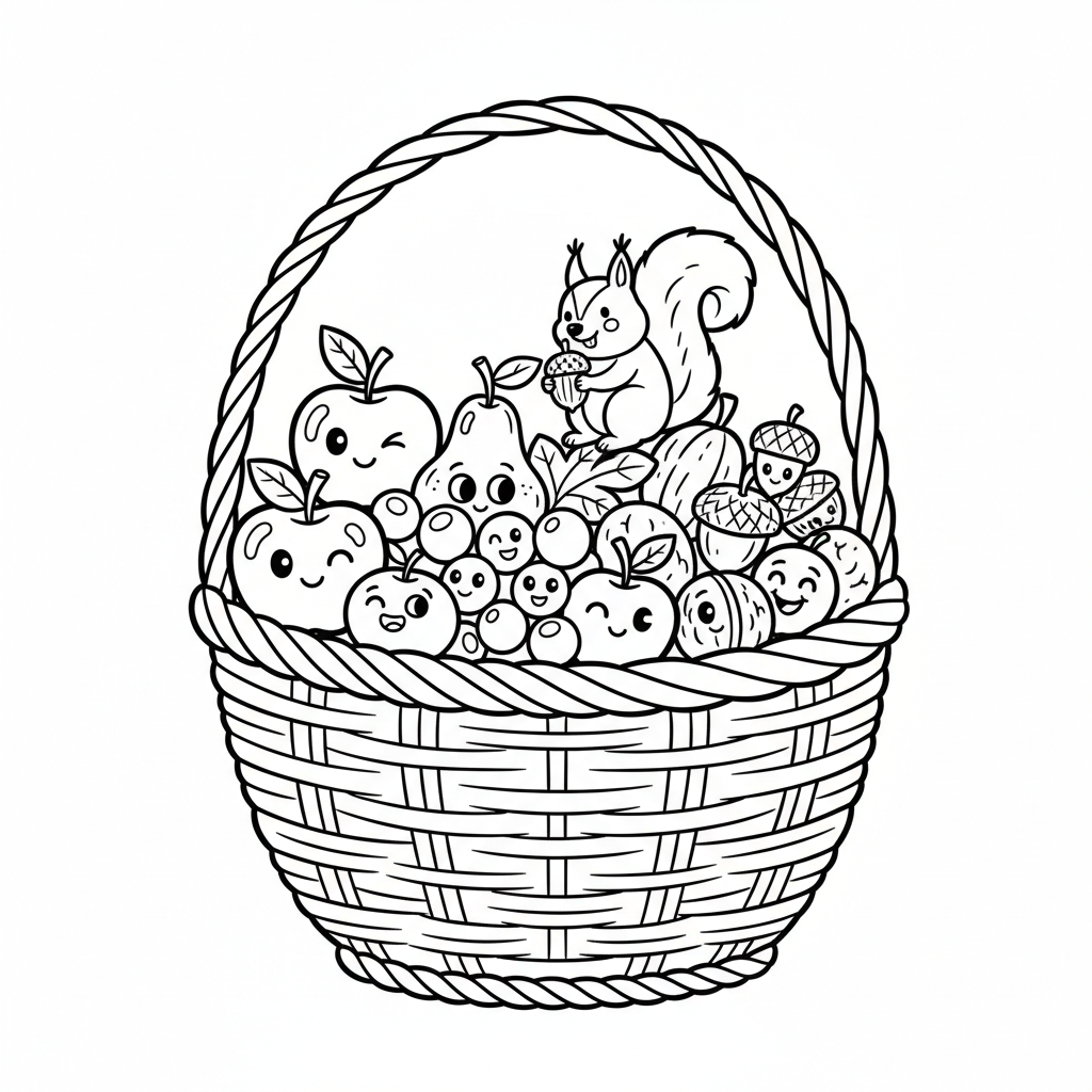 Kosz pełen jesiennych zbiorów: jabłek, gruszek, winogron i orzechów, kolorowanka dla dzieci, czarne kontury, białe tło.