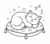 Kot śpiący spokojnie na poduszce do kolorowania