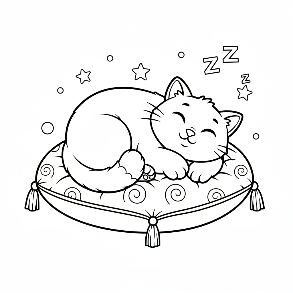Kot śpiący spokojnie na poduszce do kolorowania