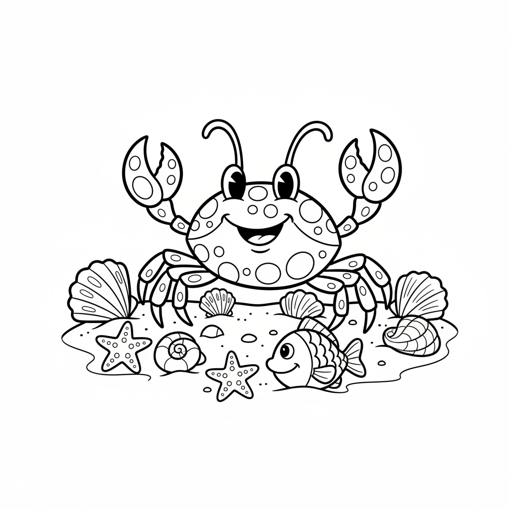 Wesoły krab przemykający po piasku z muszelkami, kolorowanka dla dzieci, czarne kontury, białe tło.