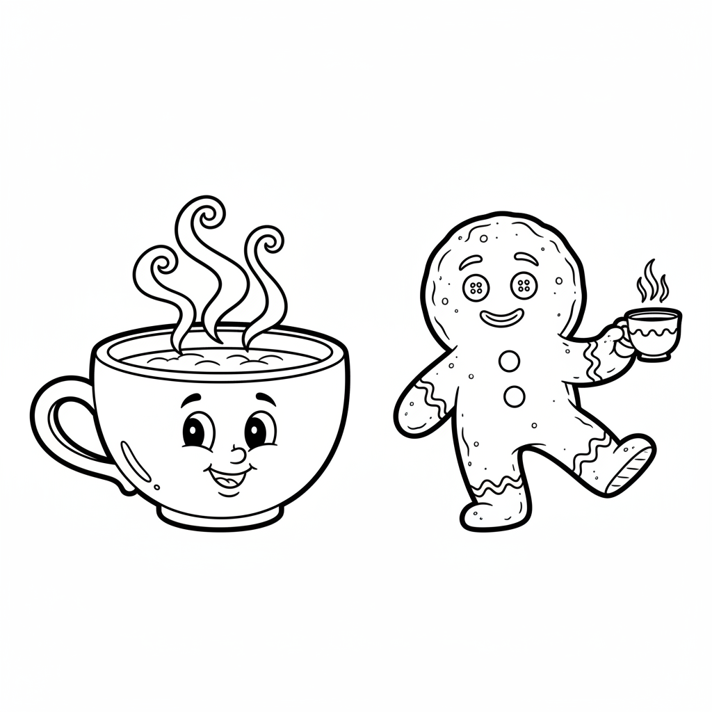 Parujący kubek herbaty z piernikowym ciastkiem, kolorowanka dla dzieci, czarne kontury, białe tło.