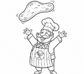 Kucharz radośnie podrzucający ciasto na pizzę do kolorowania