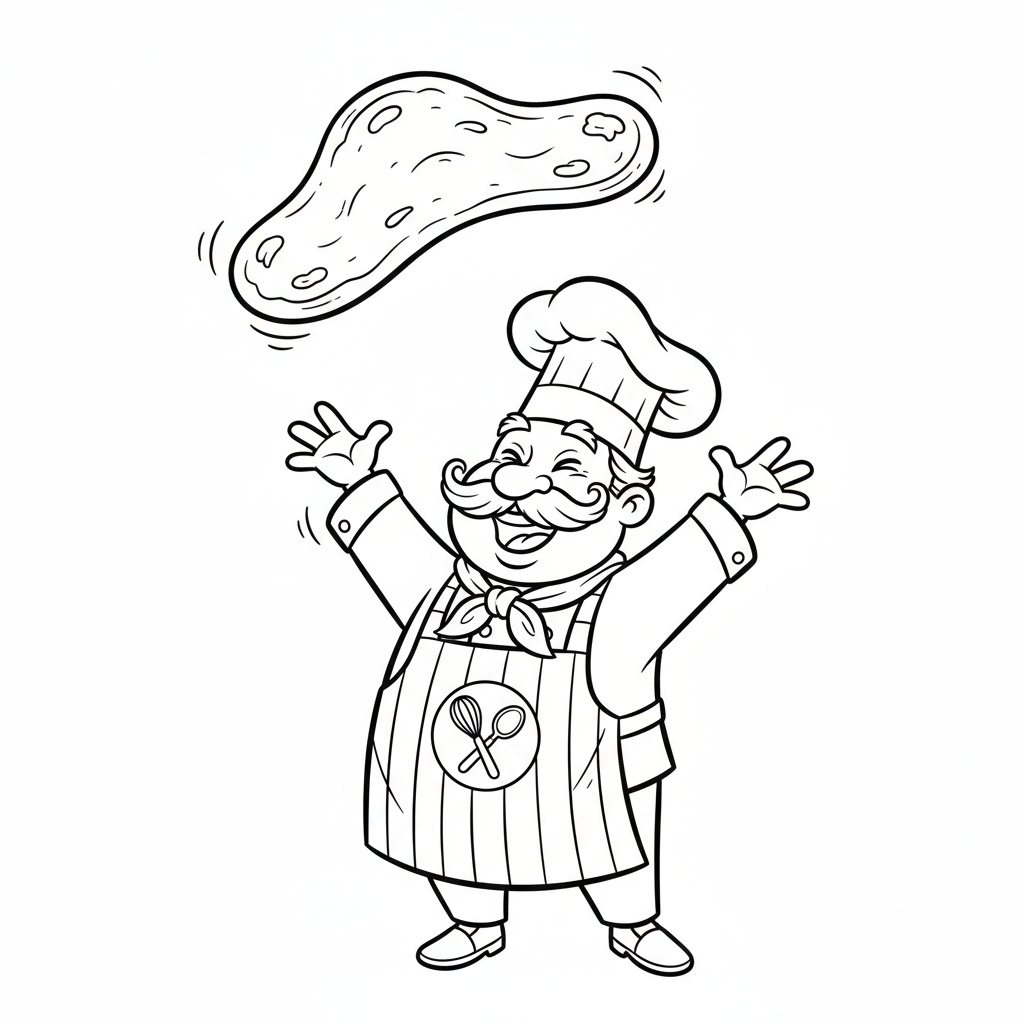 Kucharz radośnie podrzucający ciasto na pizzę do kolorowania