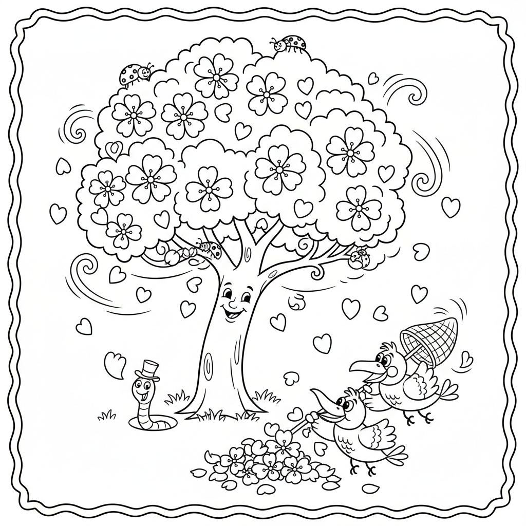 Kwitnąca wiśnia z opadającymi płatkami, kolorowanka dla dzieci, czarne kontury, białe tło.