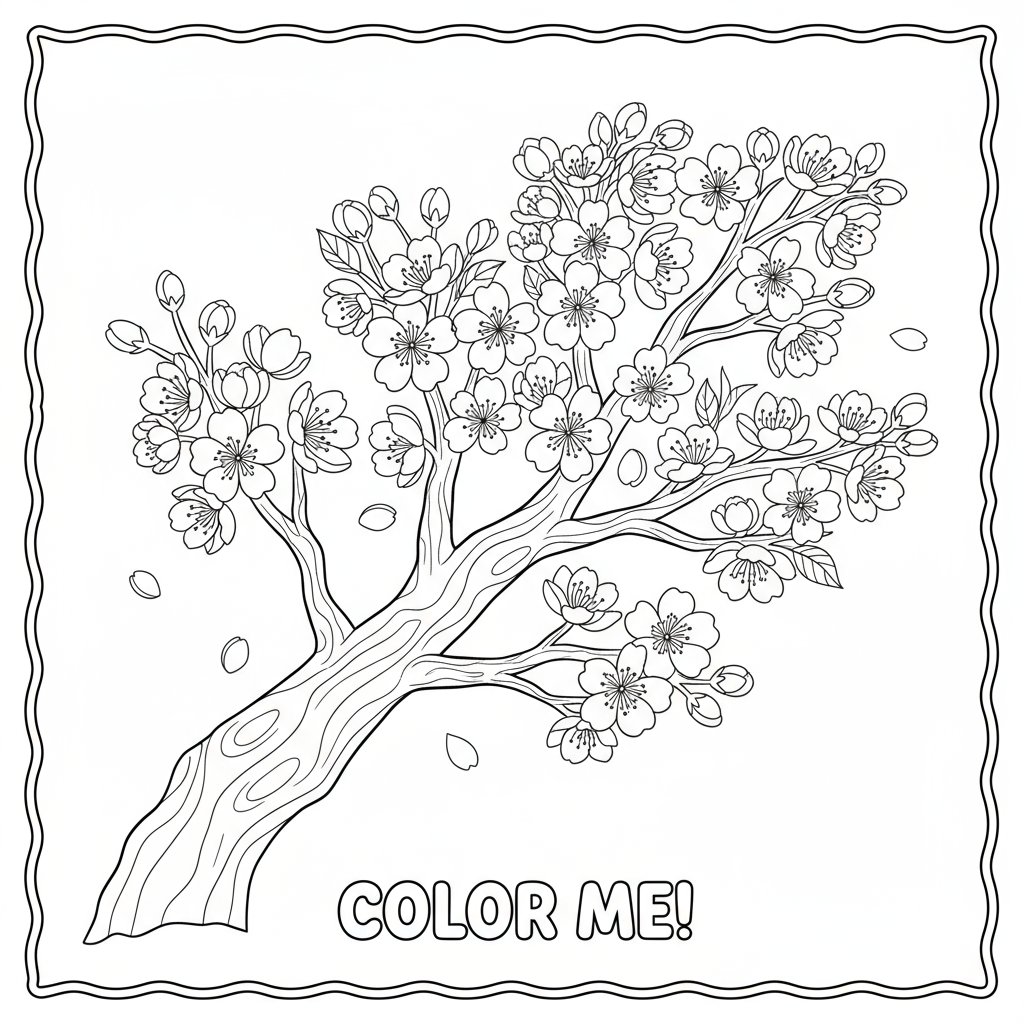 Kwitnące wiśnie na gałęzi do kolorowania