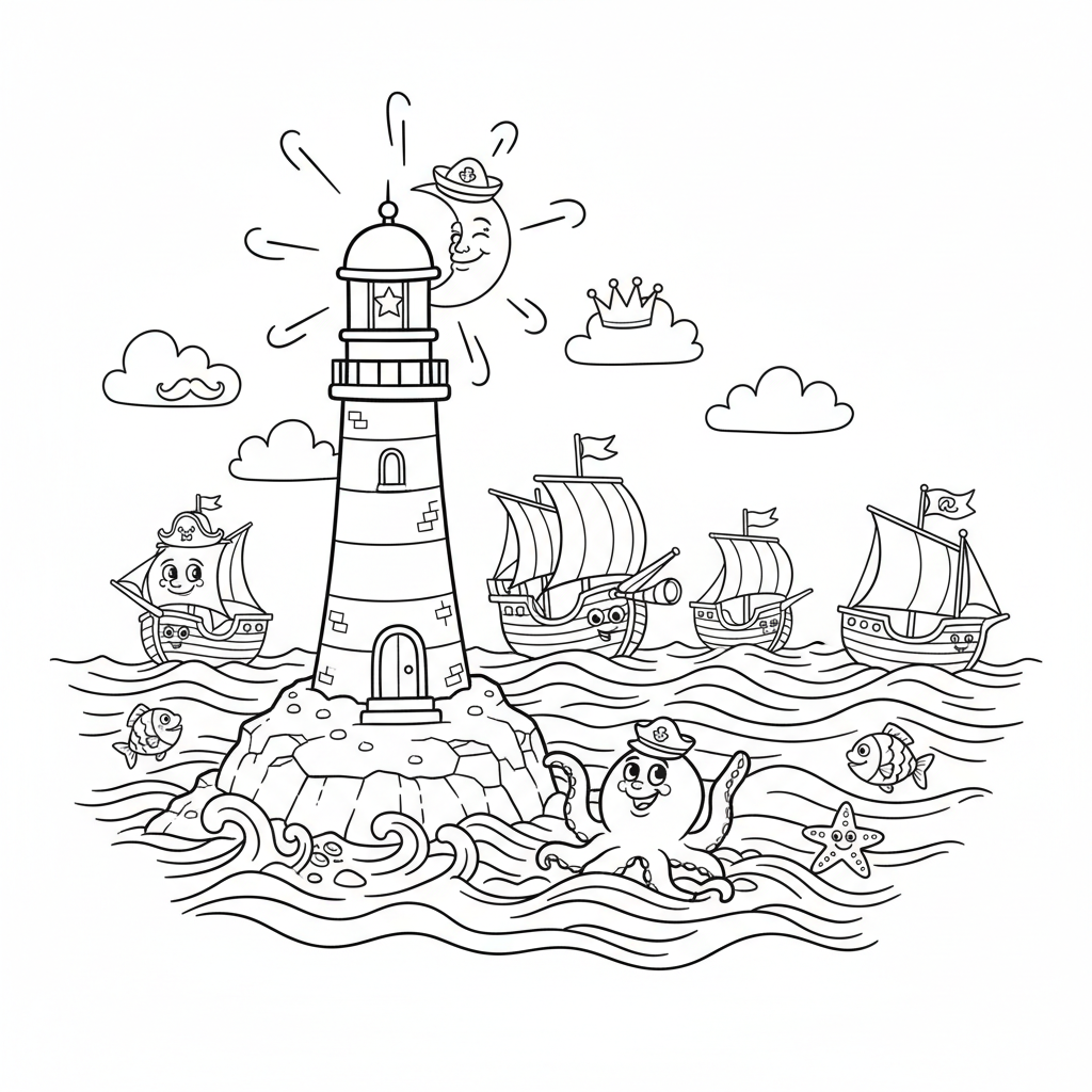 Latarnia morska stojąca wysoko nad morzem, wskazująca drogę statkom, kolorowanka dla dzieci, czarne kontury, białe tło.