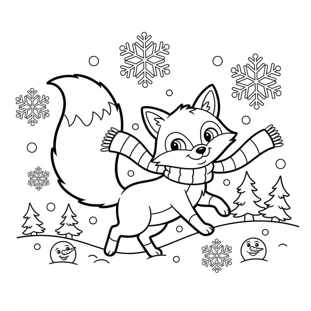 Uroczy lis z puszystym ogonem, kłusujący przez ośnieżony krajobraz, kolorowanka dla dzieci, czarne kontury, białe tło.