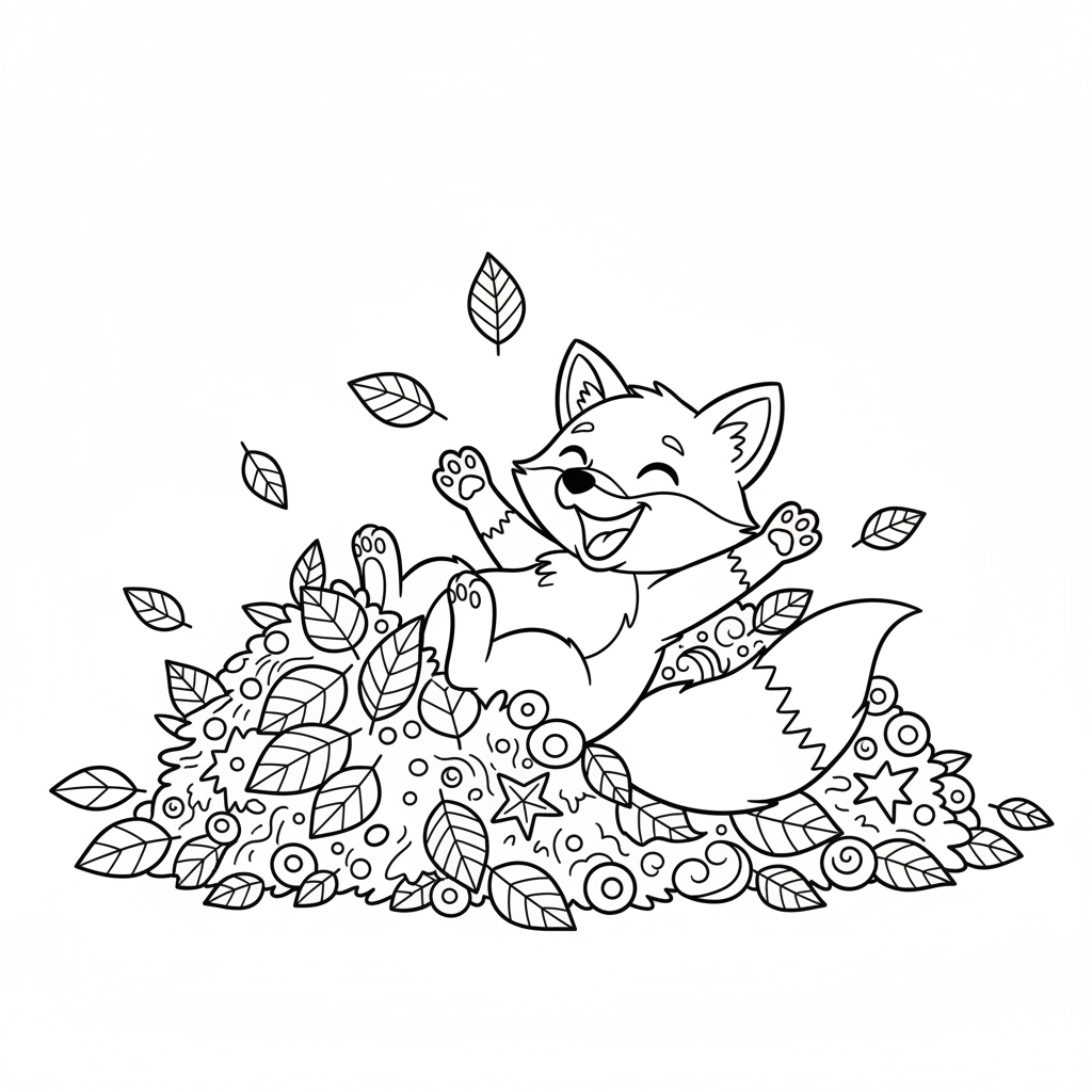 Szczęśliwy lisek bawiący się stertą kolorowych liści, kolorowanka dla dzieci, czarne kontury, białe tło.