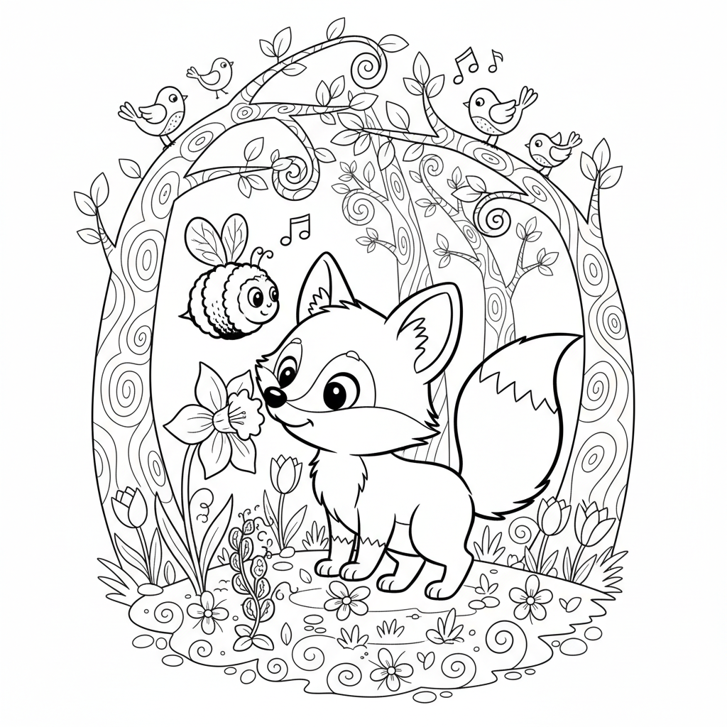 Słodki mały lisek eksplorujący nowy wiosenny las, kolorowanka dla dzieci, czarne kontury, białe tło.