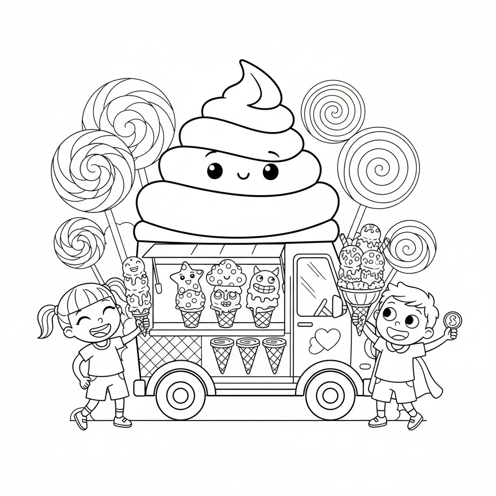 Urocza ciężarówka z lodami sprzedająca różne smaki, z wesołymi dziećmi wokół, kolorowanka dla dzieci, czarne kon...