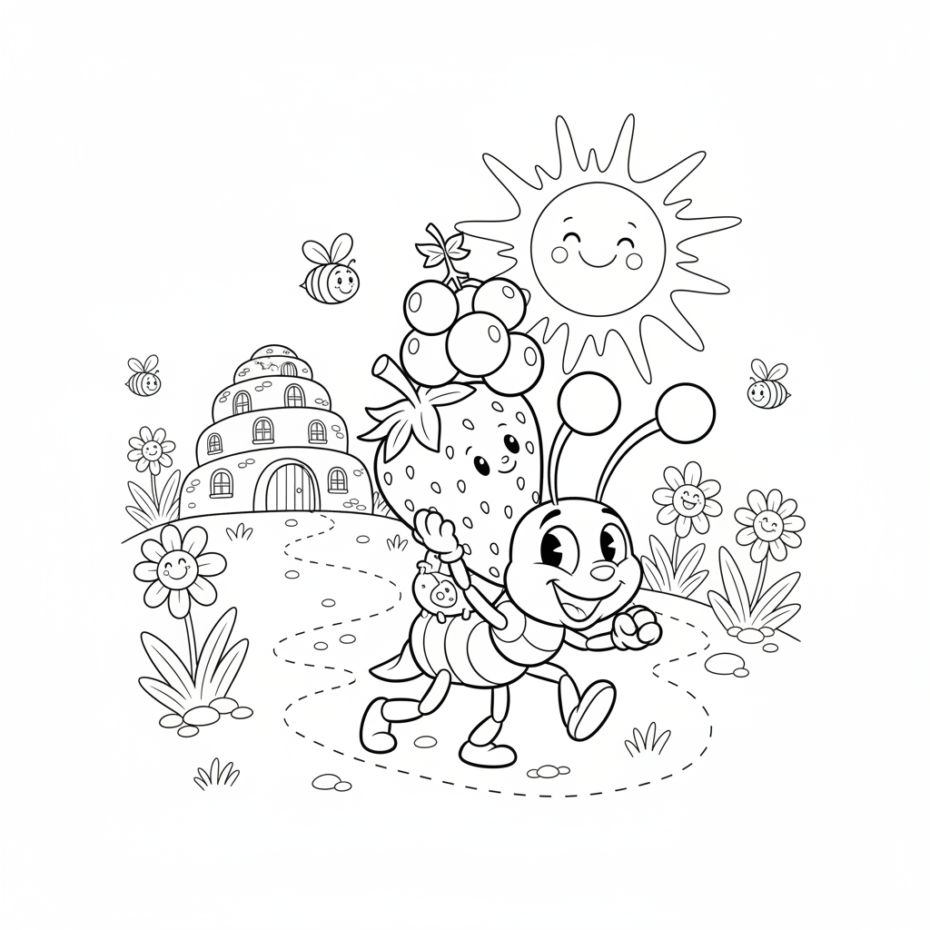 Zajęta mrówka niosąca jedzenie do mrowiska w słoneczny letni dzień, kolorowanka dla dzieci, czarne kontury, białe tło.