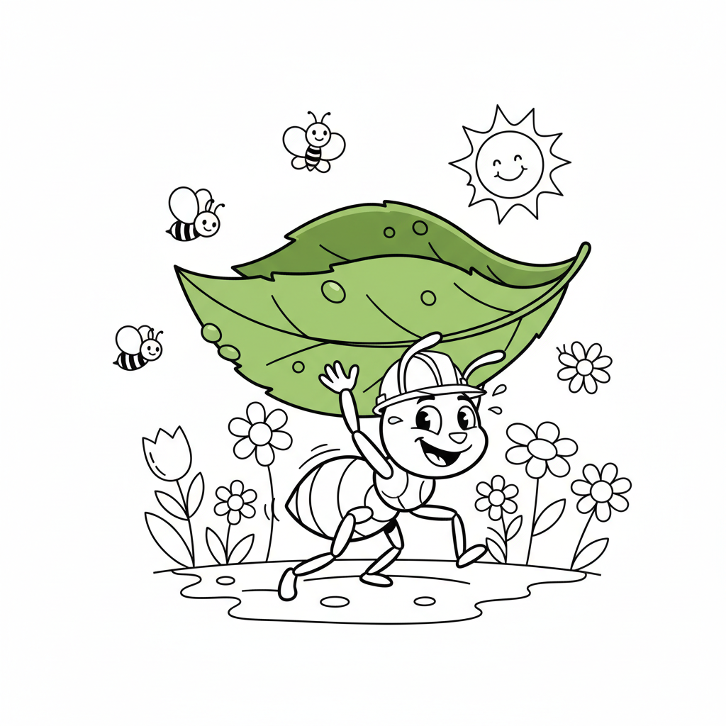 Zajęta mrówka niosąca kawałek liścia w wiosennym ogrodzie, kolorowanka dla dzieci, czarne kontury, białe tło.