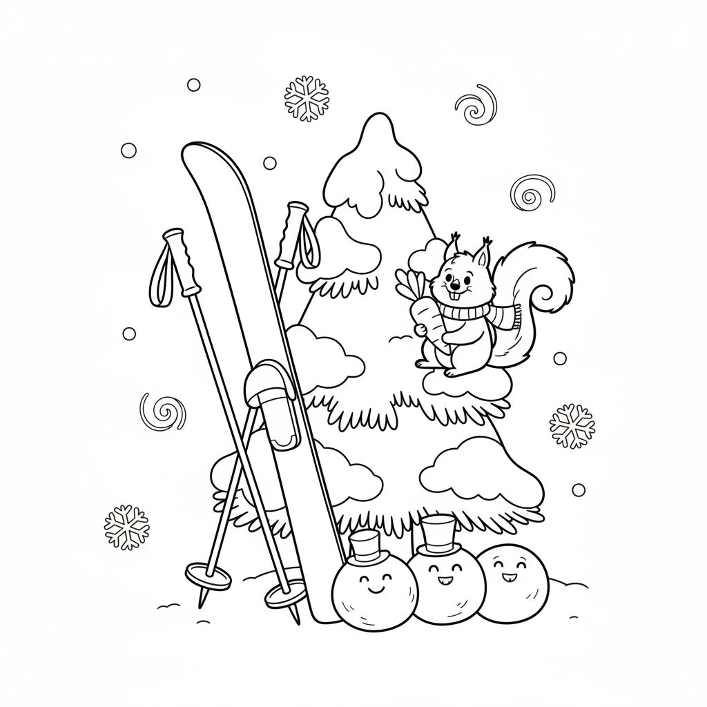 Para nart i kijków opartych o ośnieżone drzewo, kolorowanka dla dzieci, czarne kontury, białe tło.